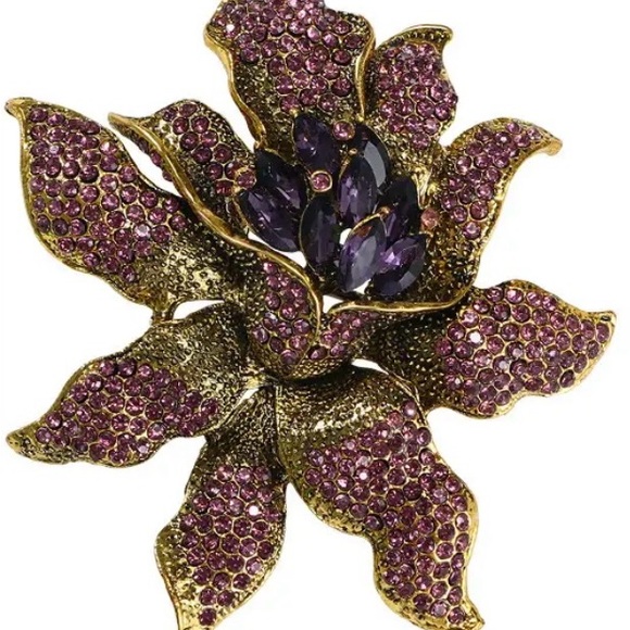 Sparkling Oversized Purple Floral Statement Brooch • Gold-Tone Vintage Style - Picture 13 of 13